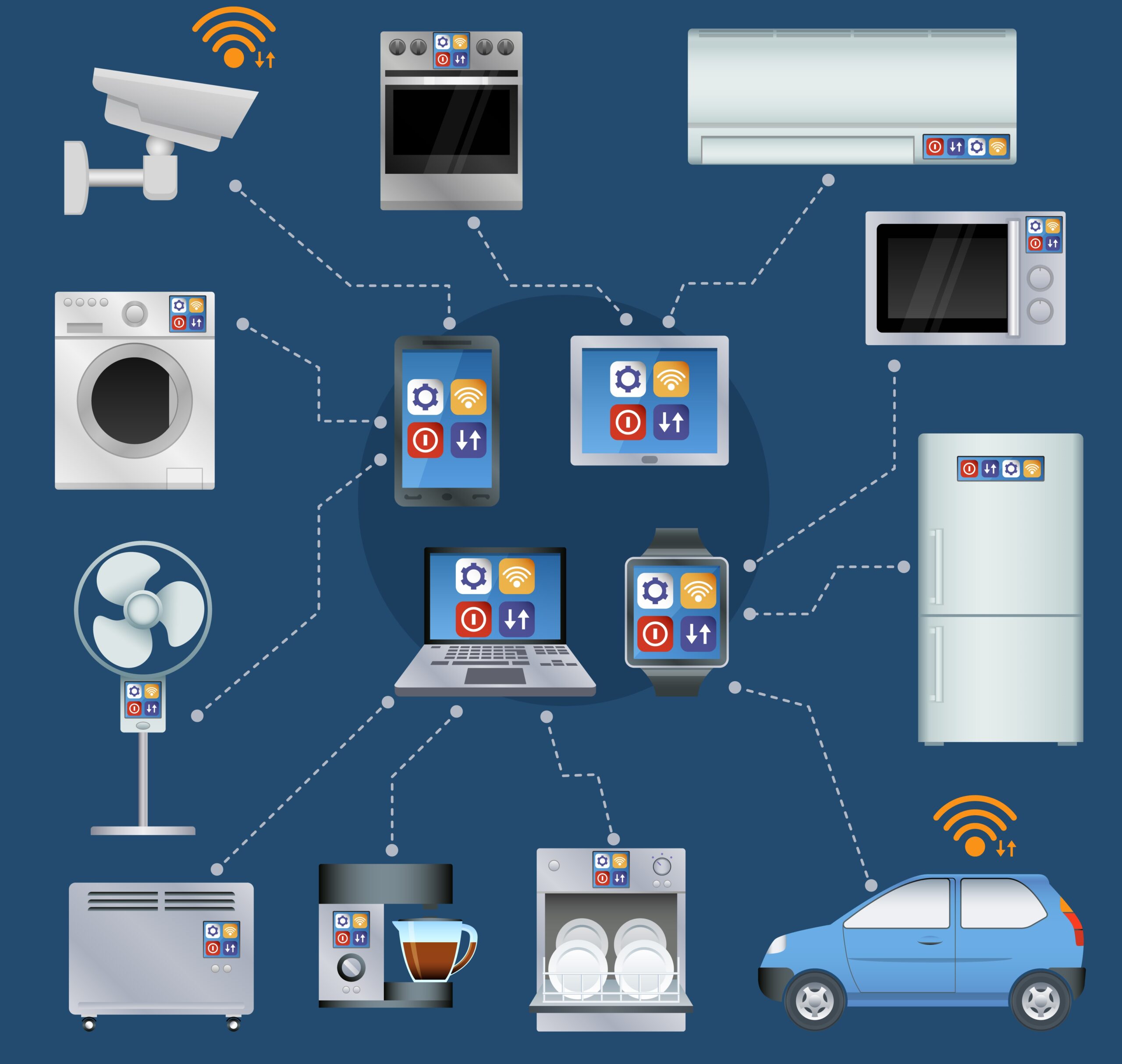 Internet of things computer tablet smartphone watch home appliances control schema infographic poster abstract isolated vector illustration